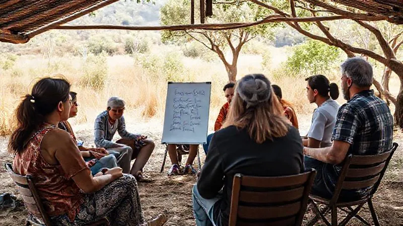 A photorealistic, professional photography, 8K, cinematic lighting, sharp focus, depth of field, shot on a high-end DSLR, of a group of diverse individuals, including travelers and local operators, seated in a circle in a natural, open-air setting. They are engaged in an earnest discussion, with a whiteboard or flip chart showing notes on 'Feedback' and 'Improvements'. The atmosphere is collaborative and forward-looking, with soft natural light. A photorealistic, professional photography, 8K, cinematic lighting, sharp focus, depth of field, shot on a high-end DSLR, of a group of diverse individuals, including travelers and local operators, seated in a circle in a natural, open-air setting. They are engaged in an earnest discussion, with a whiteboard or flip chart showing notes on 'Feedback' and 'Improvements'. The atmosphere is collaborative and forward-looking, with soft natural light.