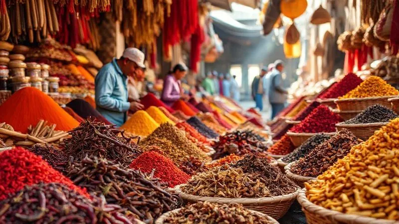 Photorealistic, professional photography, 8K, cinematic lighting, sharp focus, depth of field, shot on a high-end DSLR. A vibrant, bustling ancient spice market scene, with merchants in traditional attire, piles of colorful, raw spices (saffron threads, whole cinnamon sticks, star anise, dried chilies) in woven baskets, and natural light streaming in, capturing the rich textures and aromas.
