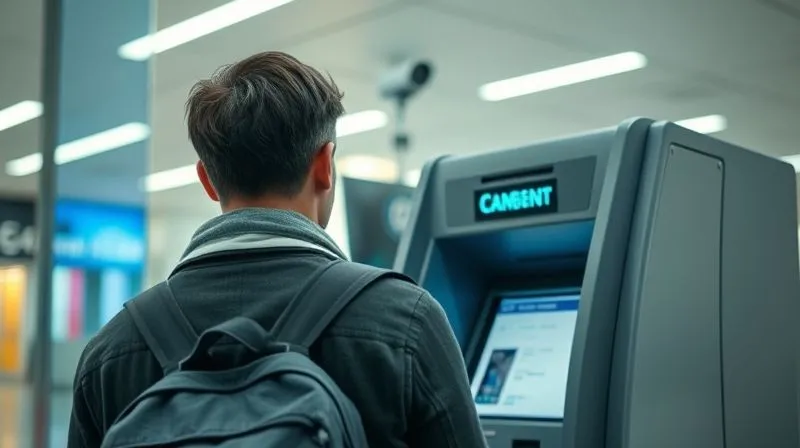 A photorealistic image of a traveler discreetly using an ATM inside a well-lit bank, with a security camera visible in the background, cinematic lighting, sharp focus on the ATM screen, depth of field blurring the surrounding bank interior, 8K hyper-detailed.