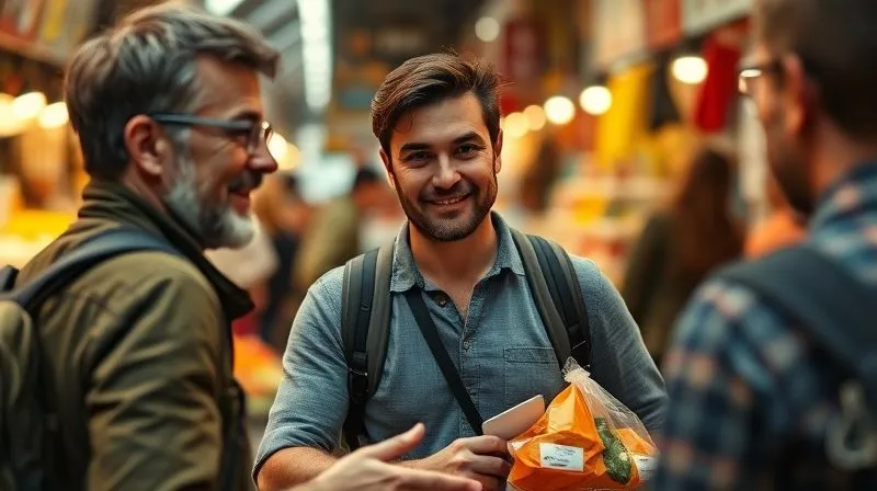 A photorealistic image of a traveler politely declining an unsolicited offer from a vendor in a bustling market, with a confident and assertive body language, cinematic lighting, sharp focus on the traveler's face, depth of field blurring the market details, 8K hyper-detailed.