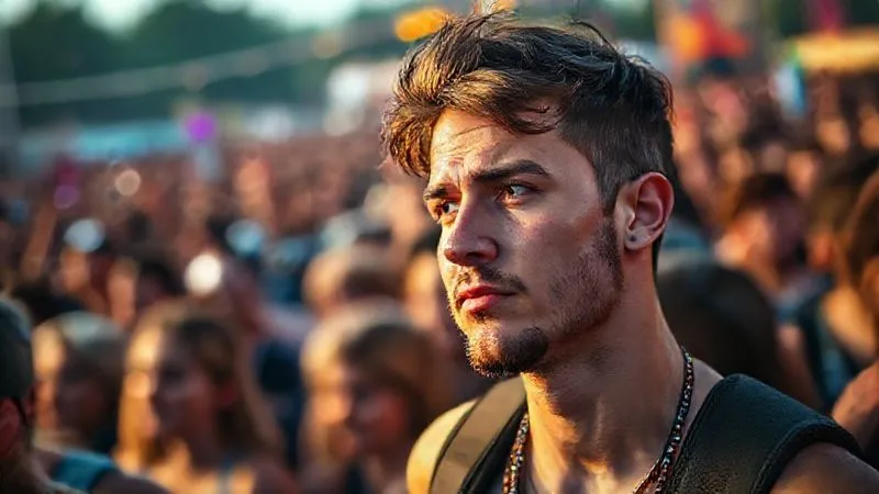 Photorealistic, professional photography, 8K, cinematic lighting, sharp focus on a festival-goer looking overwhelmed and tired in a chaotic, vibrant festival crowd, depth of field, shot on a high-end DSLR, late afternoon light. Photorealistic, professional photography, 8K, cinematic lighting, sharp focus on a festival-goer looking overwhelmed and tired in a chaotic, vibrant festival crowd, depth of field, shot on a high-end DSLR, late afternoon light.