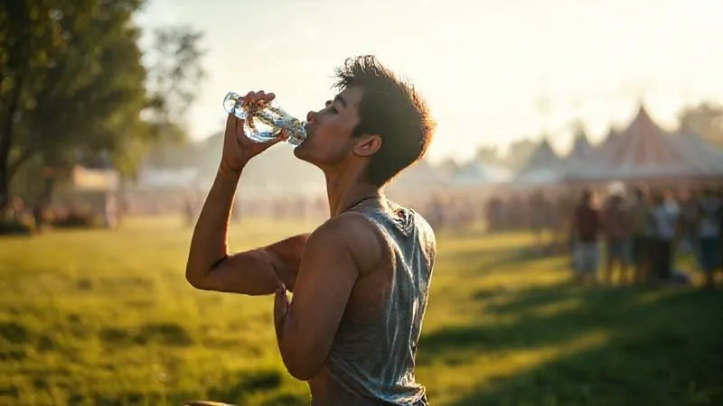 Photorealistic, professional photography, 8K, cinematic lighting, sharp focus on a person doing light stretches and drinking water in a calm, green area of a festival ground, early morning sunlight, depth of field, shot on a high-end DSLR. Photorealistic, professional photography, 8K, cinematic lighting, sharp focus on a person doing light stretches and drinking water in a calm, green area of a festival ground, early morning sunlight, depth of field, shot on a high-end DSLR.