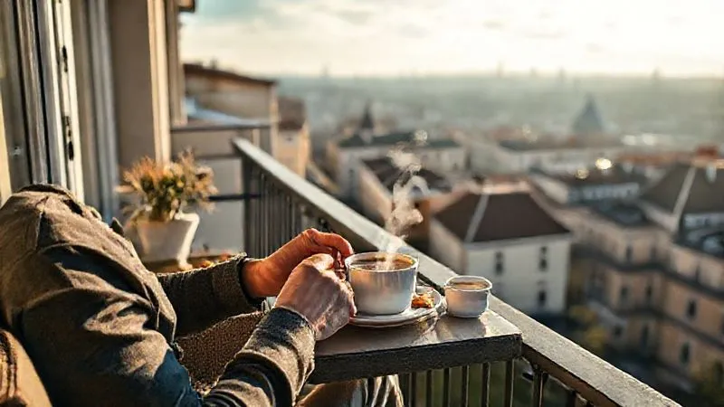 A photorealistic, professional photograph of a person enjoying a quiet, leisurely breakfast on a balcony overlooking a waking European city, with gentle morning light, steam rising from a coffee cup, and a sense of calm amidst the distant city hum. Sharp focus on the person and breakfast, depth of field blurring the city. Shot on a high-end DSLR, 8K hyper-detailed. A photorealistic, professional photograph of a person enjoying a quiet, leisurely breakfast on a balcony overlooking a waking European city, with gentle morning light, steam rising from a coffee cup, and a sense of calm amidst the distant city hum. Sharp focus on the person and breakfast, depth of field blurring the city. Shot on a high-end DSLR, 8K hyper-detailed.