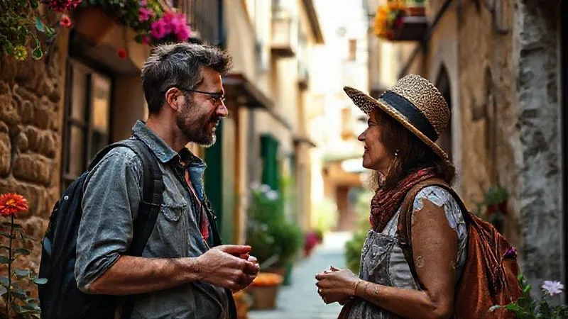 A photorealistic, professional photograph of a curious traveler engaging in a friendly conversation with a local artisan in a charming, less-trafficked alleyway of an old city. The alley is adorned with colorful flowers and unique architecture, bathed in soft afternoon light. Sharp focus on their interaction, depth of field blurring the background elements. Shot on a high-end DSLR, 8K hyper-detailed. A photorealistic, professional photograph of a curious traveler engaging in a friendly conversation with a local artisan in a charming, less-trafficked alleyway of an old city. The alley is adorned with colorful flowers and unique architecture, bathed in soft afternoon light. Sharp focus on their interaction, depth of field blurring the background elements. Shot on a high-end DSLR, 8K hyper-detailed.