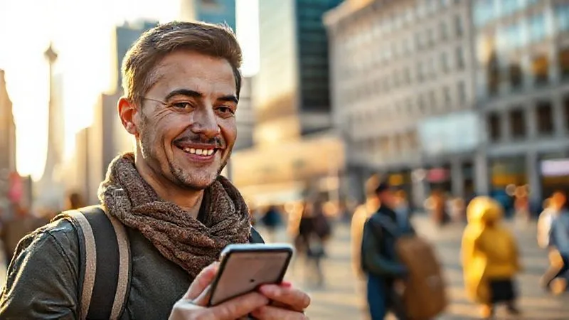 A photorealistic, professional photograph of a traveler, looking relaxed and confident, using a map application on their smartphone in a bustling city square. The phone screen is visible, showing a clear route. The traveler is smiling slightly, indicating ease, with iconic city landmarks blurred softly in the background. Golden hour cinematic lighting, sharp focus on the traveler and phone. Shot on a high-end DSLR, 8K hyper-detailed. A photorealistic, professional photograph of a traveler, looking relaxed and confident, using a map application on their smartphone in a bustling city square. The phone screen is visible, showing a clear route. The traveler is smiling slightly, indicating ease, with iconic city landmarks blurred softly in the background. Golden hour cinematic lighting, sharp focus on the traveler and phone. Shot on a high-end DSLR, 8K hyper-detailed.