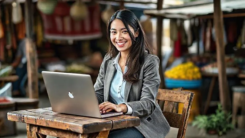 A photorealistic, professional photography, 8K, cinematic lighting, sharp focus, depth of field, shot on a high-end DSLR image of a young professional, dressed in smart-casual attire, sitting at a rustic outdoor desk in a vibrant international setting (e.g., a bustling market or a scenic rural landscape). She is confidently engaged in a video call on her laptop, smiling and gesturing, with a subtle backdrop of local activity. The focus is on her professional demeanor amidst the global context.