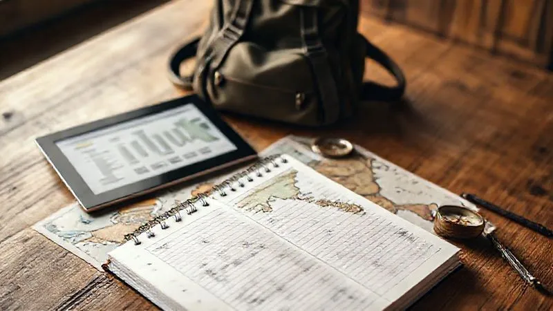 A professional planner notebook open on a rustic wooden table, overlaid with a world map and a compass. Beside it, a tablet displays a career development roadmap. The scene is bathed in warm, cinematic lighting, with sharp focus on the planner and a depth of field blurring a travel backpack in the background. Photorealistic, 8K, shot on a high-end DSLR.