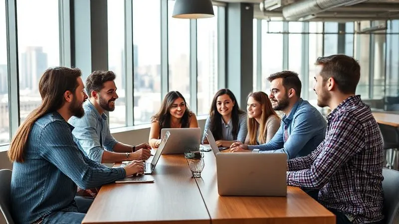 A diverse group of young professionals, casually dressed, engaged in lively conversation around a communal table in a modern, sunlit co-working space in a vibrant foreign city. Laptops are open, but the focus is on interaction. Photorealistic, professional photography, 8K, cinematic lighting, sharp focus on the group, depth of field blurring the background city view. Shot on a high-end DSLR.