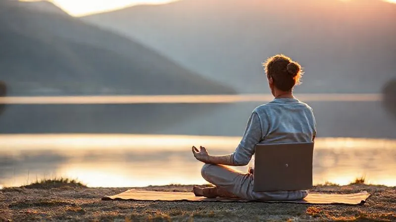 A serene traveler, mid-30s, sitting cross-legged on a yoga mat overlooking a calm lake at sunrise, with a minimalist laptop open but closed beside them. The individual is meditating or reflecting, symbolizing balance between personal well-being and professional potential. The scene is bathed in soft, golden cinematic light, 8K, sharp focus on the traveler, depth of field blurring the tranquil water and distant mountains. Photorealistic, professional photography, shot on a high-end DSLR.