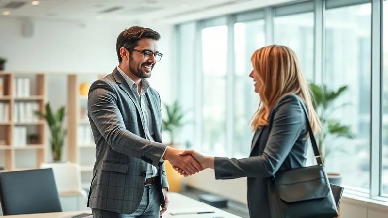 A confident professional, recently returned from travel, shaking hands with a potential employer in a modern, brightly lit office. A subtle hint of a world map or travel souvenir on the desk. The atmosphere is positive and forward-looking. Photorealistic, professional photography, 8K, cinematic lighting, sharp focus on the handshake, depth of field blurring the background. Shot on a high-end DSLR.