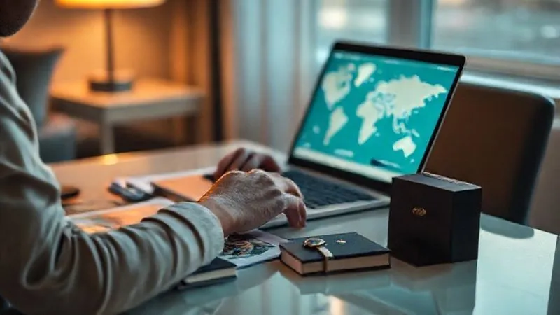 A person sitting at a desk, illuminated by the soft glow of a laptop screen, researching luxury brands and travel destinations. On the desk are travel guides, a passport, and a branded luxury item (e.g., a watch box), all in sharp focus. The background is slightly blurred, suggesting a cozy travel planning scene. Photorealistic, professional photography, 8K, cinematic lighting, sharp focus, depth of field, shot on a high-end DSLR. A person sitting at a desk, illuminated by the soft glow of a laptop screen, researching luxury brands and travel destinations. On the desk are travel guides, a passport, and a branded luxury item (e.g., a watch box), all in sharp focus. The background is slightly blurred, suggesting a cozy travel planning scene. Photorealistic, professional photography, 8K, cinematic lighting, sharp focus, depth of field, shot on a high-end DSLR.