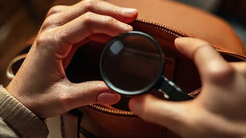 A close-up, photorealistic shot of a person's hands holding a luxury handbag and a magnifying glass, meticulously inspecting a small, embossed serial number on the bag's interior. The lighting is focused and warm, highlighting the texture of the leather and the precision of the engraving. Sharp focus on the details, depth of field blurring the rest of the bag. 8K hyper-detailed, professional photography, shot on a high-end DSLR. A close-up, photorealistic shot of a person's hands holding a luxury handbag and a magnifying glass, meticulously inspecting a small, embossed serial number on the bag's interior. The lighting is focused and warm, highlighting the texture of the leather and the precision of the engraving. Sharp focus on the details, depth of field blurring the rest of the bag. 8K hyper-detailed, professional photography, shot on a high-end DSLR.