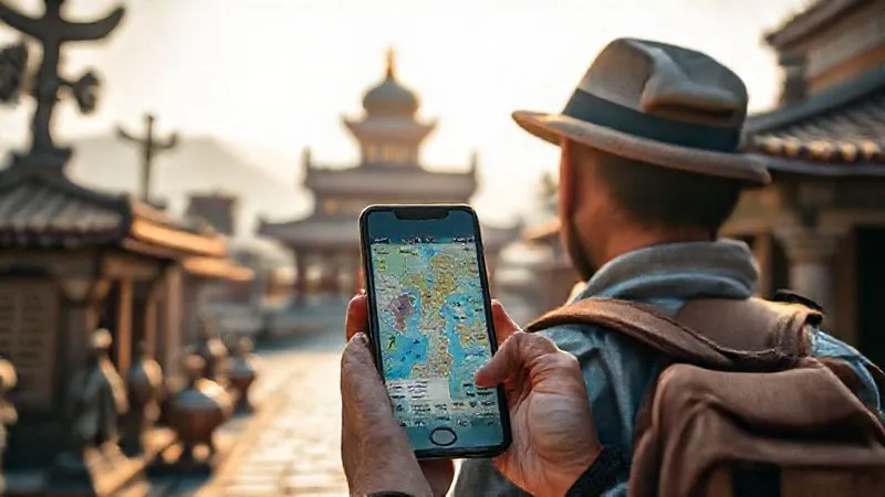 A photorealistic image of a traveler holding a smartphone with a map and cultural information displayed, surrounded by ancient symbols and traditional architecture in a soft, morning light, conveying thoughtful preparation and respect for history. Professional photography, 8K, cinematic lighting, sharp focus, depth of field, shot on a high-end DSLR. A photorealistic image of a traveler holding a smartphone with a map and cultural information displayed, surrounded by ancient symbols and traditional architecture in a soft, morning light, conveying thoughtful preparation and respect for history. Professional photography, 8K, cinematic lighting, sharp focus, depth of field, shot on a high-end DSLR.