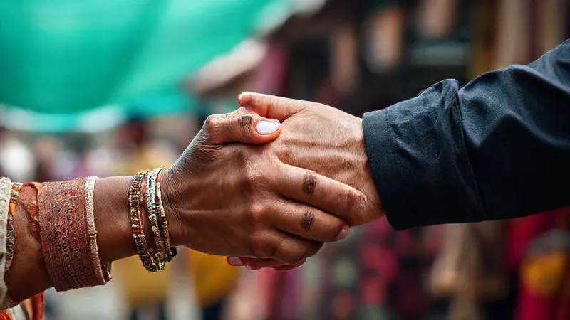 A photorealistic close-up of two hands, one local (perhaps adorned with traditional jewelry) and one a traveler's, gently clasped in a gesture of shared understanding and respect, with a blurred background of a traditional market or community gathering. Professional photography, 8K, cinematic lighting, sharp focus, depth of field, shot on a high-end DSLR. A photorealistic close-up of two hands, one local (perhaps adorned with traditional jewelry) and one a traveler's, gently clasped in a gesture of shared understanding and respect, with a blurred background of a traditional market or community gathering. Professional photography, 8K, cinematic lighting, sharp focus, depth of field, shot on a high-end DSLR.