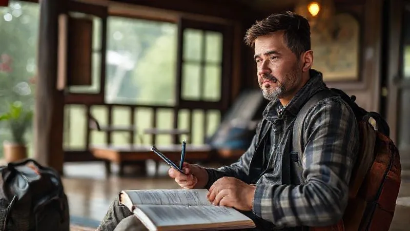A photorealistic image of a traveler sitting quietly, perhaps in a peaceful, natural setting or a traditional guesthouse, holding a journal and pen, reflecting on their cultural experiences, with soft, contemplative lighting. Professional photography, 8K, cinematic lighting, sharp focus, depth of field, shot on a high-end DSLR. A photorealistic image of a traveler sitting quietly, perhaps in a peaceful, natural setting or a traditional guesthouse, holding a journal and pen, reflecting on their cultural experiences, with soft, contemplative lighting. Professional photography, 8K, cinematic lighting, sharp focus, depth of field, shot on a high-end DSLR.