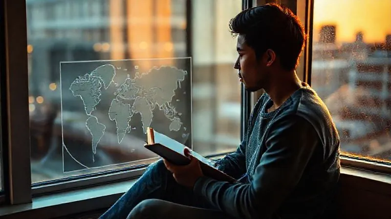 A photorealistic image of a person sitting thoughtfully by a window, perhaps looking at a world map or holding a journal, with warm, reflective light. The scene should convey introspection, learning, and a commitment to global citizenship, with a subtle hint of diverse cultural elements in the background, 8K, cinematic lighting, sharp focus on the person, depth of field, shot on a high-end DSLR. A photorealistic image of a person sitting thoughtfully by a window, perhaps looking at a world map or holding a journal, with warm, reflective light. The scene should convey introspection, learning, and a commitment to global citizenship, with a subtle hint of diverse cultural elements in the background, 8K, cinematic lighting, sharp focus on the person, depth of field, shot on a high-end DSLR.