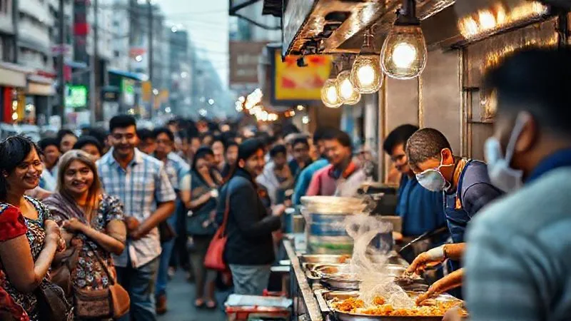 A photorealistic, professional photography, 8K, cinematic lighting, sharp focus, depth of field, shot on a high-end DSLR, showing a bustling street food stall in a vibrant city, with a queue of happy locals, and a clean, organized cooking area where a vendor is meticulously preparing food, highlighting hygiene amidst the activity. A photorealistic, professional photography, 8K, cinematic lighting, sharp focus, depth of field, shot on a high-end DSLR, showing a bustling street food stall in a vibrant city, with a queue of happy locals, and a clean, organized cooking area where a vendor is meticulously preparing food, highlighting hygiene amidst the activity.