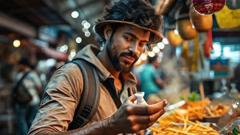 A photorealistic, professional photography, 8K, cinematic lighting, sharp focus, depth of field, shot on a high-end DSLR, depicting a traveler in an exotic street market, confidently applying hand sanitizer before picking up a piece of delicious-looking street food, emphasizing personal hygiene in a vibrant setting. A photorealistic, professional photography, 8K, cinematic lighting, sharp focus, depth of field, shot on a high-end DSLR, depicting a traveler in an exotic street market, confidently applying hand sanitizer before picking up a piece of delicious-looking street food, emphasizing personal hygiene in a vibrant setting.