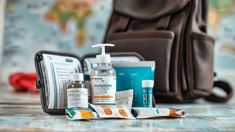 A photorealistic, professional photography, 8K, cinematic lighting, sharp focus, depth of field, shot on a high-end DSLR, showcasing a neatly organized travel health kit laid open, featuring hand sanitizer, a small bottle of probiotics, ORS packets, and other essential medications, against a blurred background of a travel backpack and map. A photorealistic, professional photography, 8K, cinematic lighting, sharp focus, depth of field, shot on a high-end DSLR, showcasing a neatly organized travel health kit laid open, featuring hand sanitizer, a small bottle of probiotics, ORS packets, and other essential medications, against a blurred background of a travel backpack and map.