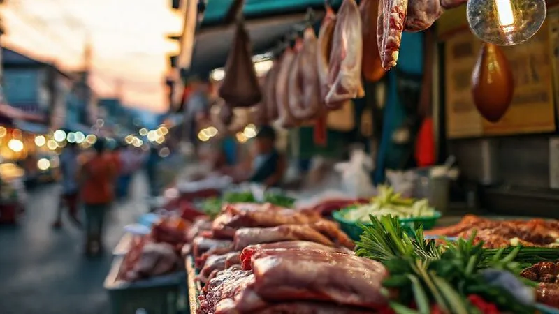A photorealistic, professional photography shot of a bustling, vibrant street food market at dusk in Southeast Asia. The focus is on a food stall where raw meat is exposed to the elements, illustrating potential hygiene risks. Cinematic lighting, sharp focus on the food, depth of field blurring the background, 8K hyper-detailed, shot on a high-end DSLR. A photorealistic, professional photography shot of a bustling, vibrant street food market at dusk in Southeast Asia. The focus is on a food stall where raw meat is exposed to the elements, illustrating potential hygiene risks. Cinematic lighting, sharp focus on the food, depth of field blurring the background, 8K hyper-detailed, shot on a high-end DSLR.