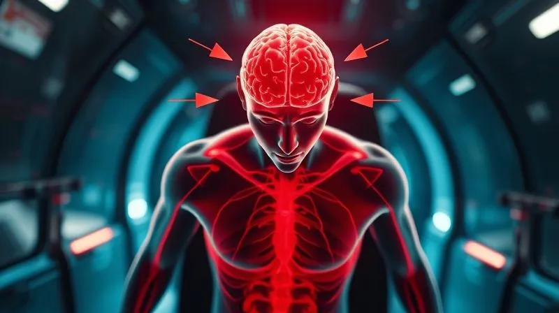 Photorealistic image of a human body experiencing G-force, with arrows indicating the direction of blood flow away from the brain, showcasing the physiological effects of acceleration, cinematic lighting, sharp focus on the body, depth of field blurring the background, 8K hyper-detailed.