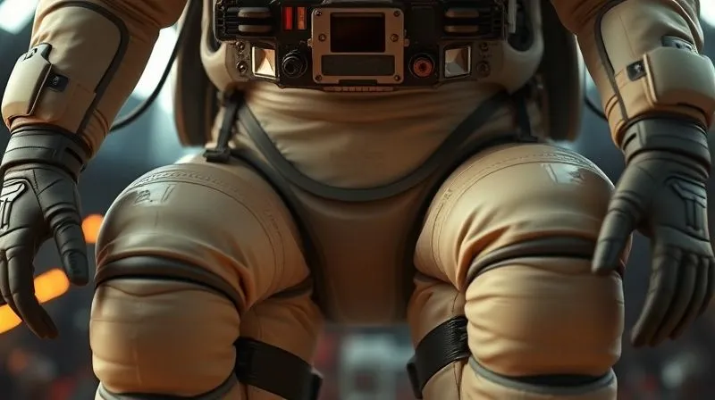 Photorealistic image of a pilot or astronaut wearing a G-suit, with close-up details of the inflating bladders around the legs and abdomen, cinematic lighting highlighting the suit's design, sharp focus on the suit's features, depth of field blurring the background, 8K hyper-detailed.