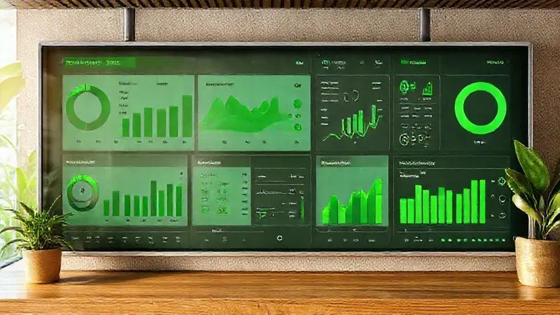 A photorealistic, professional photography shot of a sleek, modern dashboard displaying various environmental KPIs for an eco-resort, with charts for energy consumption, water usage, and waste diversion. The data is clear and easily digestible, with a green color palette. Cinematic lighting, 8K hyper-detailed, shot on a high-end DSLR, conveying precision and transparency. A photorealistic, professional photography shot of a sleek, modern dashboard displaying various environmental KPIs for an eco-resort, with charts for energy consumption, water usage, and waste diversion. The data is clear and easily digestible, with a green color palette. Cinematic lighting, 8K hyper-detailed, shot on a high-end DSLR, conveying precision and transparency.