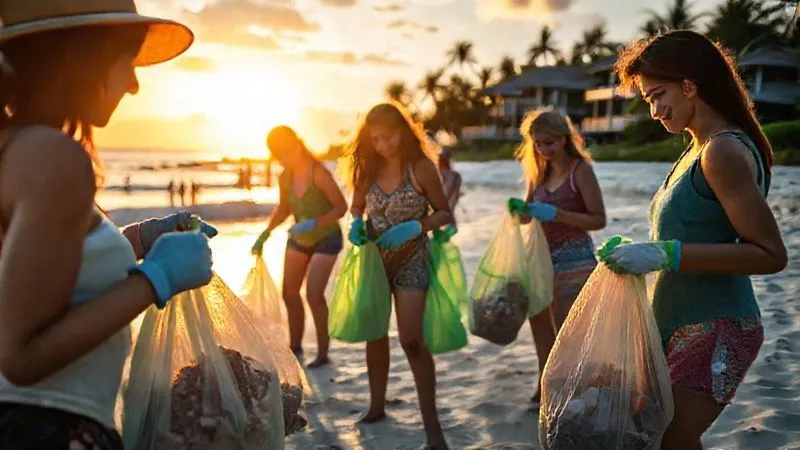 A photorealistic, professional photography shot of a diverse group of eco-tourists participating in a guided beach clean-up at a pristine tropical beach, wearing gloves and collecting debris into reusable bags. The sun is setting, casting warm, cinematic light. Sharp focus on the activity, depth of field blurring the background eco-resort. 8K hyper-detailed, shot on a high-end DSLR, conveying community engagement and environmental stewardship. A photorealistic, professional photography shot of a diverse group of eco-tourists participating in a guided beach clean-up at a pristine tropical beach, wearing gloves and collecting debris into reusable bags. The sun is setting, casting warm, cinematic light. Sharp focus on the activity, depth of field blurring the background eco-resort. 8K hyper-detailed, shot on a high-end DSLR, conveying community engagement and environmental stewardship.