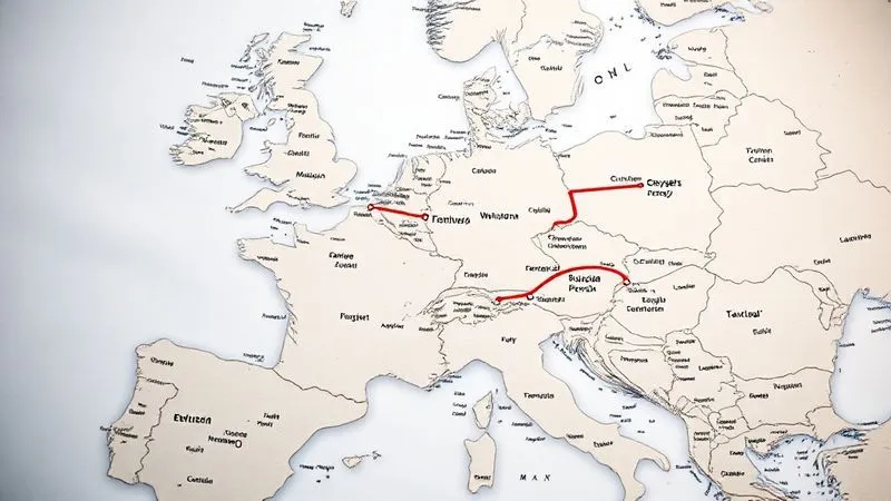 A professional photorealistic overhead view of a detailed European railway map, with a highlighted red line representing an overnight train route connecting two major cities, emphasizing the journey's length and potential cost implications. Cinematic lighting, sharp focus, depth of field, 8K hyper-detailed, shot on a high-end DSLR. A professional photorealistic overhead view of a detailed European railway map, with a highlighted red line representing an overnight train route connecting two major cities, emphasizing the journey's length and potential cost implications. Cinematic lighting, sharp focus, depth of field, 8K hyper-detailed, shot on a high-end DSLR.