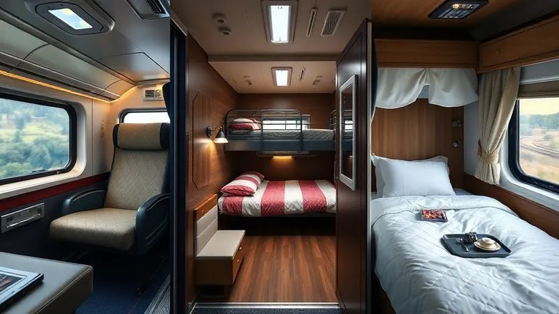 A professional photorealistic comparison image showing three different train accommodations side-by-side: a comfortable reclining seat in an overnight carriage, a cozy couchette with bunk beds in a shared compartment, and a private sleeper cabin with a made-up bed and small amenities. Cinematic lighting, sharp focus on each compartment, depth of field, 8K hyper-detailed, shot on a high-end DSLR. A professional photorealistic comparison image showing three different train accommodations side-by-side: a comfortable reclining seat in an overnight carriage, a cozy couchette with bunk beds in a shared compartment, and a private sleeper cabin with a made-up bed and small amenities. Cinematic lighting, sharp focus on each compartment, depth of field, 8K hyper-detailed, shot on a high-end DSLR.