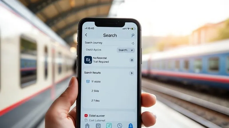 A professional photorealistic image of a smartphone screen displaying the Eurail Rail Planner app, with a search result showing a train journey clearly marked 'No Reservation Required' and a filter option highlighted. A blurred European train station or countryside is visible in the background. Cinematic lighting, sharp focus on the phone screen, depth of field, 8K hyper-detailed, shot on a high-end DSLR. A professional photorealistic image of a smartphone screen displaying the Eurail Rail Planner app, with a search result showing a train journey clearly marked 'No Reservation Required' and a filter option highlighted. A blurred European train station or countryside is visible in the background. Cinematic lighting, sharp focus on the phone screen, depth of field, 8K hyper-detailed, shot on a high-end DSLR.