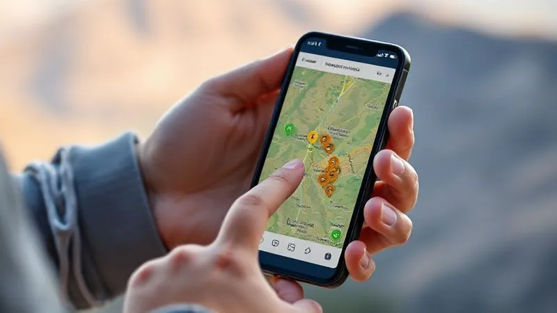Photorealistic, professional photography, 8K, cinematic lighting, sharp focus, depth of field, shot on a high-end DSLR. A parent's hand holding a smartphone, displaying a detailed national park map app. The map shows different trails and points of interest, with color-coded overlays indicating real-time crowd density (green for low, yellow for moderate, red for high). A small child's hand is gently pointing at a 'green' area on the screen, suggesting a quiet path. The background is softly blurred to show a scenic outdoor setting. Photorealistic, professional photography, 8K, cinematic lighting, sharp focus, depth of field, shot on a high-end DSLR. A parent's hand holding a smartphone, displaying a detailed national park map app. The map shows different trails and points of interest, with color-coded overlays indicating real-time crowd density (green for low, yellow for moderate, red for high). A small child's hand is gently pointing at a 'green' area on the screen, suggesting a quiet path. The background is softly blurred to show a scenic outdoor setting.