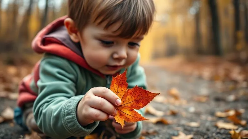Photorealistic, professional photography, 8K, cinematic lighting, sharp focus, depth of field, shot on a high-end DSLR. A close-up, heartwarming shot of a young child (around 4-5 years old) kneeling on a forest path, intently examining a colorful autumn leaf. Their small hand gently holds the leaf, and their face shows pure curiosity and wonder. The background is softly blurred with forest textures, emphasizing the child's moment of discovery. No other people are visible. Photorealistic, professional photography, 8K, cinematic lighting, sharp focus, depth of field, shot on a high-end DSLR. A close-up, heartwarming shot of a young child (around 4-5 years old) kneeling on a forest path, intently examining a colorful autumn leaf. Their small hand gently holds the leaf, and their face shows pure curiosity and wonder. The background is softly blurred with forest textures, emphasizing the child's moment of discovery. No other people are visible.