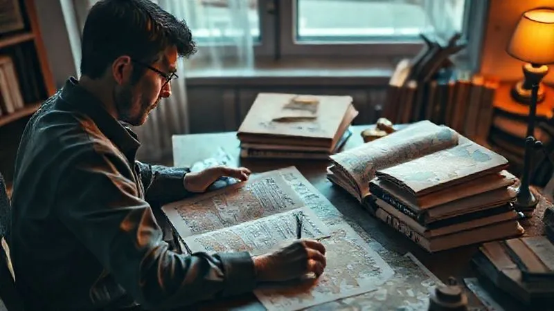 A photorealistic image of a person sitting at a desk, deeply engrossed in reading books and articles about a specific culture and history, with maps and notes spread out. The lighting is focused and warm, emphasizing the act of diligent research and preparation, 8K, cinematic lighting, sharp focus, depth of field. A photorealistic image of a person sitting at a desk, deeply engrossed in reading books and articles about a specific culture and history, with maps and notes spread out. The lighting is focused and warm, emphasizing the act of diligent research and preparation, 8K, cinematic lighting, sharp focus, depth of field.