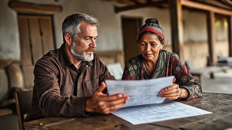 A photorealistic image of two individuals, one from a Western background and one from a local community, sitting together at a simple wooden table, looking at a shared blueprint or diagram with expressions of mutual understanding and collaboration. Their hands are gesturing towards the plan, signifying joint decision-making. The background shows a modest but functional community building, 8K, cinematic lighting, sharp focus, depth of field. A photorealistic image of two individuals, one from a Western background and one from a local community, sitting together at a simple wooden table, looking at a shared blueprint or diagram with expressions of mutual understanding and collaboration. Their hands are gesturing towards the plan, signifying joint decision-making. The background shows a modest but functional community building, 8K, cinematic lighting, sharp focus, depth of field.