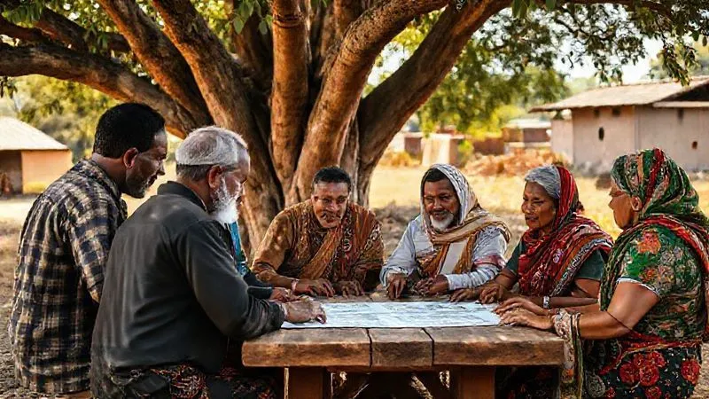 A photorealistic, professional photography, 8K image of a diverse group of local community leaders, both men and women of varying ages, engaged in an earnest discussion around a table outdoors under a large tree. They are looking at maps and documents, actively listening and gesturing. The setting is a vibrant rural village, bathed in warm, cinematic lighting, with sharp focus on the faces and interaction, depth of field blurring the surrounding village life. Shot on a high-end DSLR, conveying collaboration and empowered local leadership. A photorealistic, professional photography, 8K image of a diverse group of local community leaders, both men and women of varying ages, engaged in an earnest discussion around a table outdoors under a large tree. They are looking at maps and documents, actively listening and gesturing. The setting is a vibrant rural village, bathed in warm, cinematic lighting, with sharp focus on the faces and interaction, depth of field blurring the surrounding village life. Shot on a high-end DSLR, conveying collaboration and empowered local leadership.