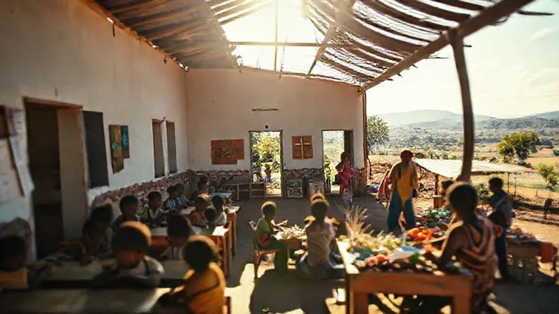 A photorealistic, professional photography, 8K image of a vibrant community center, built with local materials and design, now bustling with local people using its facilities independently. There are no obvious external volunteers. Children are learning in a classroom, adults are discussing in a meeting room, and a small market is set up outside. The sun is shining, casting warm, cinematic light. Sharp focus on the building and activities, depth of field blurring the distant landscape. Shot on a high-end DSLR, conveying a thriving, self-sufficient community project. A photorealistic, professional photography, 8K image of a vibrant community center, built with local materials and design, now bustling with local people using its facilities independently. There are no obvious external volunteers. Children are learning in a classroom, adults are discussing in a meeting room, and a small market is set up outside. The sun is shining, casting warm, cinematic light. Sharp focus on the building and activities, depth of field blurring the distant landscape. Shot on a high-end DSLR, conveying a thriving, self-sufficient community project.