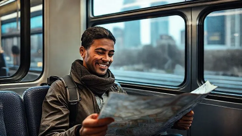 photorealistic, professional photography, 8K, cinematic lighting, sharp focus, depth of field, shot on a high-end DSLR. A serene traveler, smiling gently, calmly checking a map while sitting on a public transport train with large windows showing a blurred city passing by. The traveler exudes a sense of peace and preparedness, embodying a stress-free travel mindset despite potential urban complexities. photorealistic, professional photography, 8K, cinematic lighting, sharp focus, depth of field, shot on a high-end DSLR. A serene traveler, smiling gently, calmly checking a map while sitting on a public transport train with large windows showing a blurred city passing by. The traveler exudes a sense of peace and preparedness, embodying a stress-free travel mindset despite potential urban complexities.