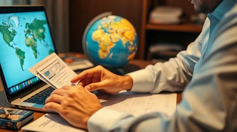 A photorealistic image of a person meticulously reviewing documents and a laptop screen, with a globe subtly in the background, surrounded by travel guides and notes. The lighting is focused and professional, suggesting careful planning and research before an important journey. 8K, cinematic lighting, sharp focus, depth of field.