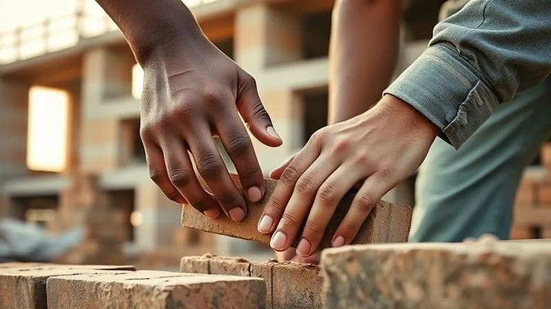 A photorealistic, professional photography, 8K, cinematic lighting, sharp focus, depth of field, shot on a high-end DSLR. Two hands, one visibly experienced and the other younger, working together on a construction project, perhaps laying bricks or adjusting a tool. The hands are clean but show signs of work, symbolizing mentorship and collaborative skill transfer in a developing context. The background shows a partially constructed building under a warm, natural light.