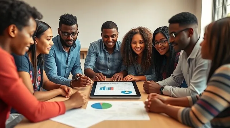 A photorealistic image of a diverse group of people (volunteers and local community members) gathered around a table, reviewing charts and data on a tablet. Their expressions are engaged and collaborative, symbolizing a feedback session or impact assessment. The setting is a simple, bright community center. 8K, cinematic lighting, sharp focus, depth of field.