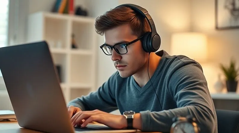 Photorealistic, professional photography, 8K, cinematic lighting, sharp focus, depth of field, shot on a high-end DSLR of a person with a determined expression, wearing headphones, intensely focused on a laptop screen, surrounded by a minimalist, uncluttered workspace, a small timer visible on the desk, indicating a focused planning session. The background is slightly blurred, emphasizing concentration. Photorealistic, professional photography, 8K, cinematic lighting, sharp focus, depth of field, shot on a high-end DSLR of a person with a determined expression, wearing headphones, intensely focused on a laptop screen, surrounded by a minimalist, uncluttered workspace, a small timer visible on the desk, indicating a focused planning session. The background is slightly blurred, emphasizing concentration.