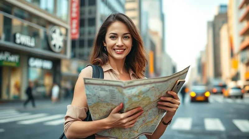 Photorealistic, professional photography, 8K, cinematic lighting, sharp focus, depth of field, shot on a high-end DSLR of a lone female traveler, with a confident smile, holding a physical map and a smartphone with a navigation app open, standing at a crossroads in a vibrant, bustling foreign city, looking assured and ready to explore, with a sense of adventure and problem-solving capability. Photorealistic, professional photography, 8K, cinematic lighting, sharp focus, depth of field, shot on a high-end DSLR of a lone female traveler, with a confident smile, holding a physical map and a smartphone with a navigation app open, standing at a crossroads in a vibrant, bustling foreign city, looking assured and ready to explore, with a sense of adventure and problem-solving capability.
