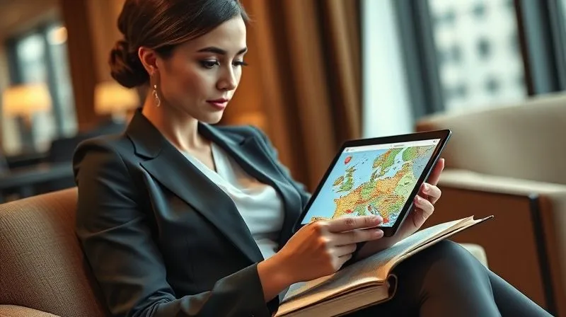 A photorealistic image of a professional, elegant woman in business attire, seated in a sophisticated hotel lounge, intently researching on a sleek tablet. The tablet screen displays a map of a European city with custom pins marking hidden gems, while a classic leather-bound travel journal lies open beside her. Cinematic lighting, sharp focus on her face and the tablet, depth of field blurring the background. 8K hyper-detailed. A photorealistic image of a professional, elegant woman in business attire, seated in a sophisticated hotel lounge, intently researching on a sleek tablet. The tablet screen displays a map of a European city with custom pins marking hidden gems, while a classic leather-bound travel journal lies open beside her. Cinematic lighting, sharp focus on her face and the tablet, depth of field blurring the background. 8K hyper-detailed.