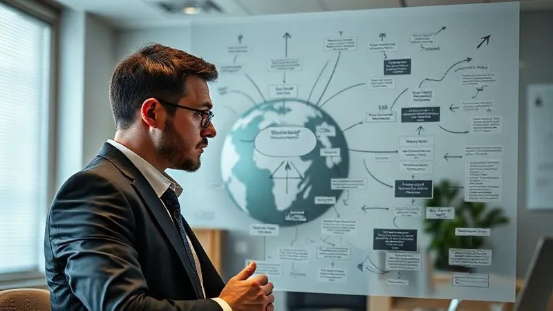 A professional looking intently at a complex, overlapping flowchart with arrows pointing in confusing directions, symbolizing the complexities and potential pitfalls of international aid projects. The person is in a well-lit office, with a globe subtly in the background. Photorealistic, professional photography, 8K, cinematic lighting, sharp focus on the flowchart, depth of field, shot on a high-end DSLR. A professional looking intently at a complex, overlapping flowchart with arrows pointing in confusing directions, symbolizing the complexities and potential pitfalls of international aid projects. The person is in a well-lit office, with a globe subtly in the background. Photorealistic, professional photography, 8K, cinematic lighting, sharp focus on the flowchart, depth of field, shot on a high-end DSLR.