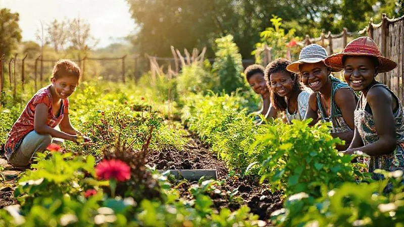 A vibrant, thriving community garden project in a sunny, developing country, with local people of all ages working together, smiling. The garden is lush and well-maintained, symbolizing sustainable growth and community self-sufficiency. Photorealistic, professional photography, 8K, cinematic lighting, sharp focus on the garden and people, depth of field, shot on a high-end DSLR. A vibrant, thriving community garden project in a sunny, developing country, with local people of all ages working together, smiling. The garden is lush and well-maintained, symbolizing sustainable growth and community self-sufficiency. Photorealistic, professional photography, 8K, cinematic lighting, sharp focus on the garden and people, depth of field, shot on a high-end DSLR.
