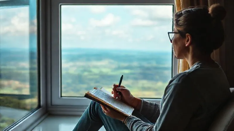 A person sitting thoughtfully by a window, looking out at a distant, vibrant landscape, with a journal and pen in hand, reflecting on their experiences. The setting is serene and contemplative, suggesting deep personal growth and learning. Photorealistic, professional photography, 8K, cinematic lighting, sharp focus on the person and journal, depth of field, shot on a high-end DSLR. A person sitting thoughtfully by a window, looking out at a distant, vibrant landscape, with a journal and pen in hand, reflecting on their experiences. The setting is serene and contemplative, suggesting deep personal growth and learning. Photorealistic, professional photography, 8K, cinematic lighting, sharp focus on the person and journal, depth of field, shot on a high-end DSLR.