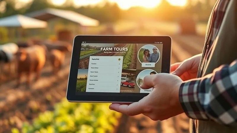 A photorealistic image of a farmer's hands gently holding a tablet, displaying a user-friendly online booking interface for farm tours, with a blurred backdrop of an active farm scene under warm sunlight. Professional photography, 8K, cinematic lighting, sharp focus on the tablet and hands, depth of field blurring the background, shot on a high-end DSLR.