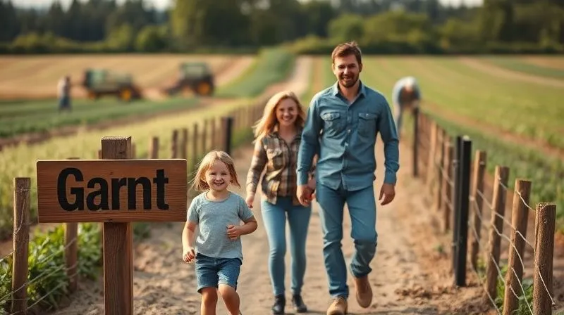A photorealistic, professional photography shot of a family happily navigating a well-marked self-guided farm tour path, with clear, rustic wooden signs providing information about crops. In the background, farm workers are visible tending to fields, undisturbed. 8K, cinematic lighting, sharp focus on the path and family, depth of field blurring the distant farm activities, shot on a high-end DSLR.
