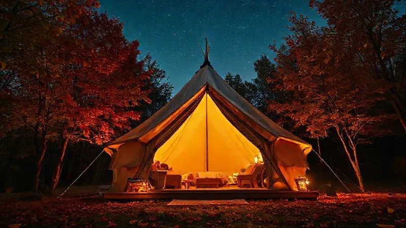 photorealistic, professional photography, 8K, cinematic lighting, sharp focus, depth of field, shot on a high-end DSLR, a luxurious glamping tent from a slightly elevated angle, surrounded by vibrant autumn foliage and a gentle mist, with warm light emanating from its interior, hinting at comfort and exclusivity. A clear night sky with visible stars above. photorealistic, professional photography, 8K, cinematic lighting, sharp focus, depth of field, shot on a high-end DSLR, a luxurious glamping tent from a slightly elevated angle, surrounded by vibrant autumn foliage and a gentle mist, with warm light emanating from its interior, hinting at comfort and exclusivity. A clear night sky with visible stars above.